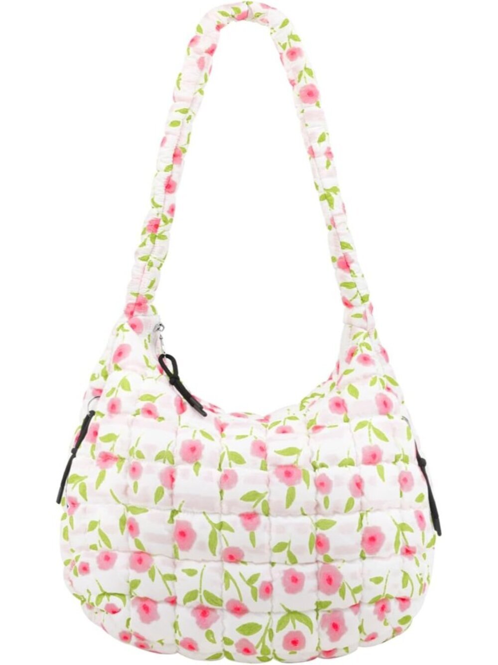 Women's Pink Quilted Puffer Lightweight Zipper Nylon Hobo Shoulder Handbag